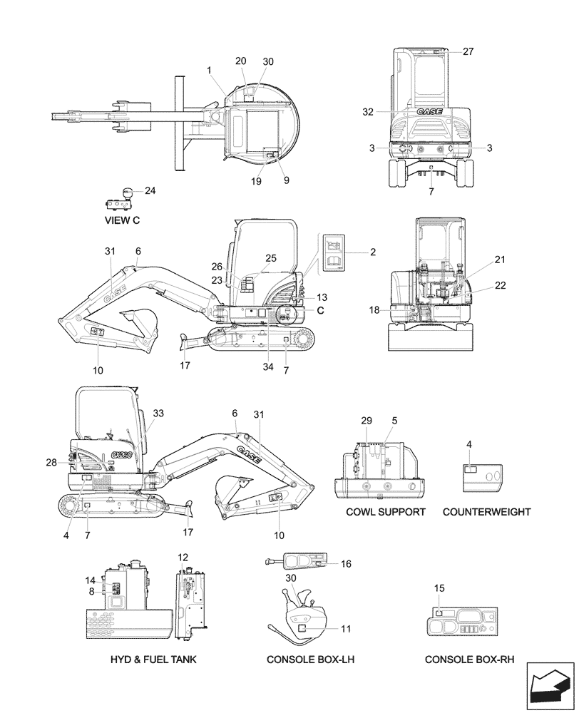 Схема запчастей Case CX26C - (90.108.030) - DECAL - CANOPY (90) - PLATFORM, CAB, BODYWORK AND DECALS