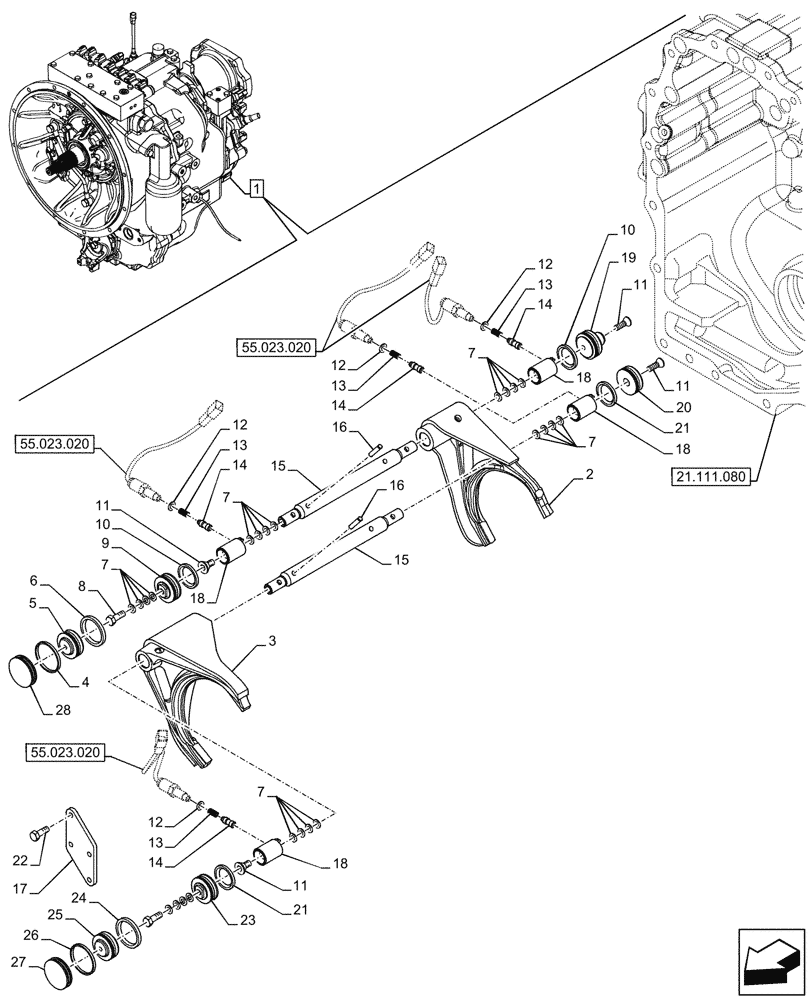 Схема запчастей Case 580N - (21.152.100) - VAR - 423061 - TRANSMISSION, SEMI-POWERSHIFT, COMPONENTS, TRANSMISSION CONTROL, FORK, 4WD (21) - TRANSMISSION