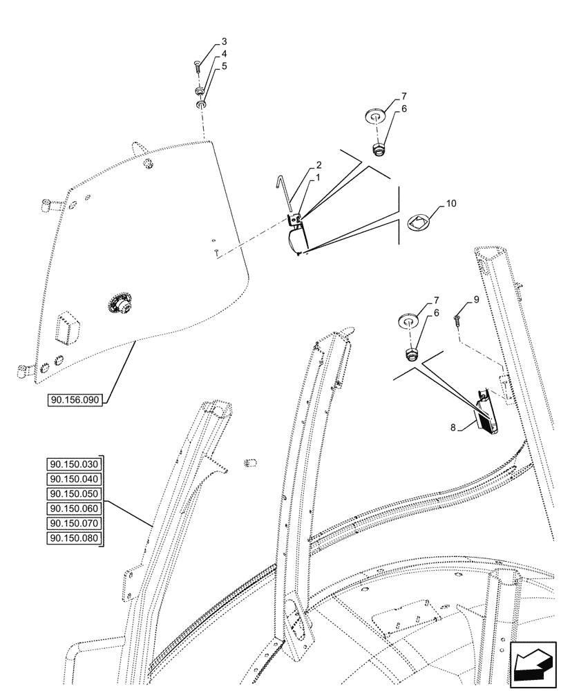Схема запчастей Case 580SN WT - (90.156.110) - VAR - 747853, 747854, 747855 - CAB, RIGHT, LATERAL WINDOW, HANDLE, LATCH (90) - PLATFORM, CAB, BODYWORK AND DECALS