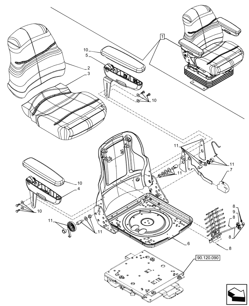 Схема запчастей Case 580SN WT - (90.120.080) - VAR - 747770 - SEAT, MECHANICAL SUSPENSION, CLOTH, CUSHION, ARMREST, COMPONENTS (90) - PLATFORM, CAB, BODYWORK AND DECALS