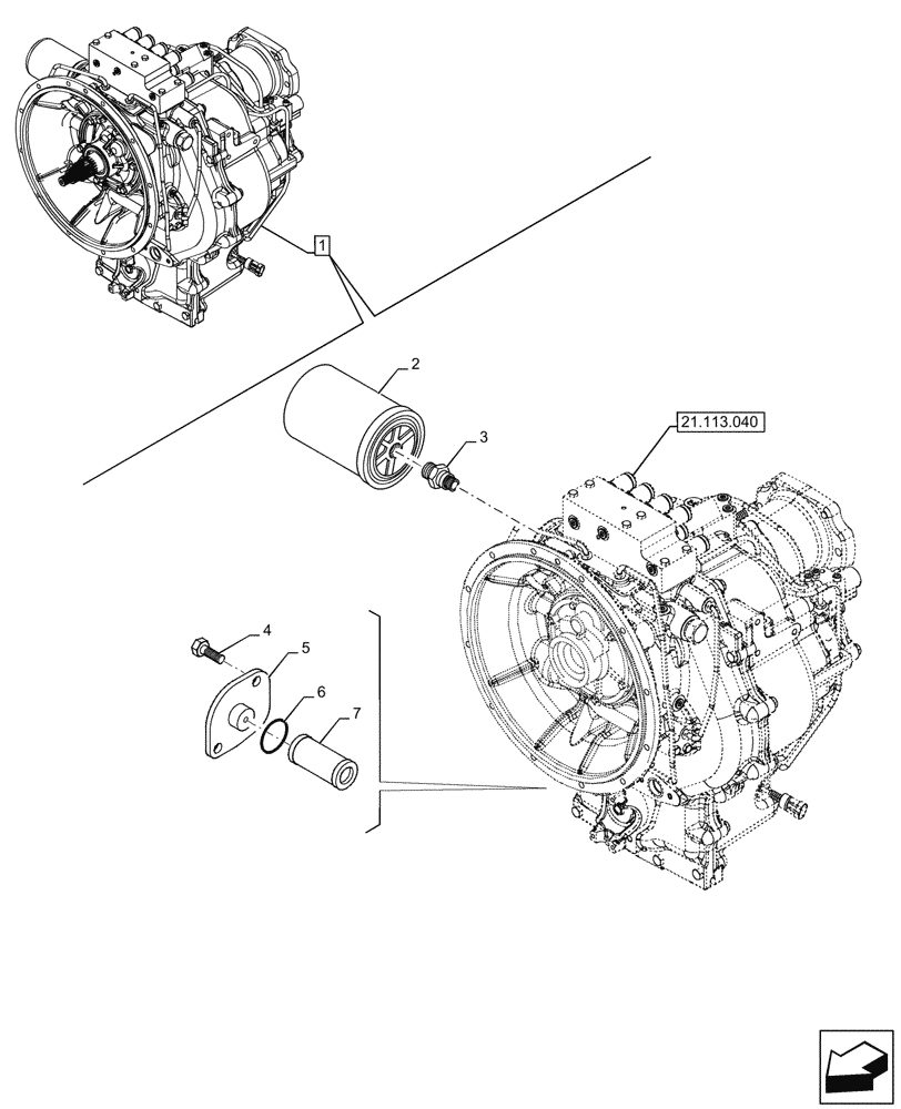 Схема запчастей Case 580SN - (21.105.020) - VAR - 423062 - TRANSMISSION, POWERSHIFT, COMPONENTS, OIL FILTER, 4WD (21) - TRANSMISSION