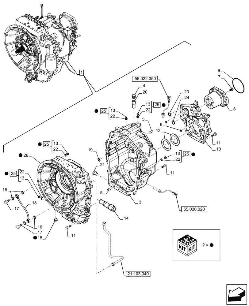 Схема запчастей Case 580N - (21.111.080) - VAR - 423061 - TRANSMISSION, SEMI-POWERSHIFT, COMPONENTS, HOUSING, 4WD (21) - TRANSMISSION