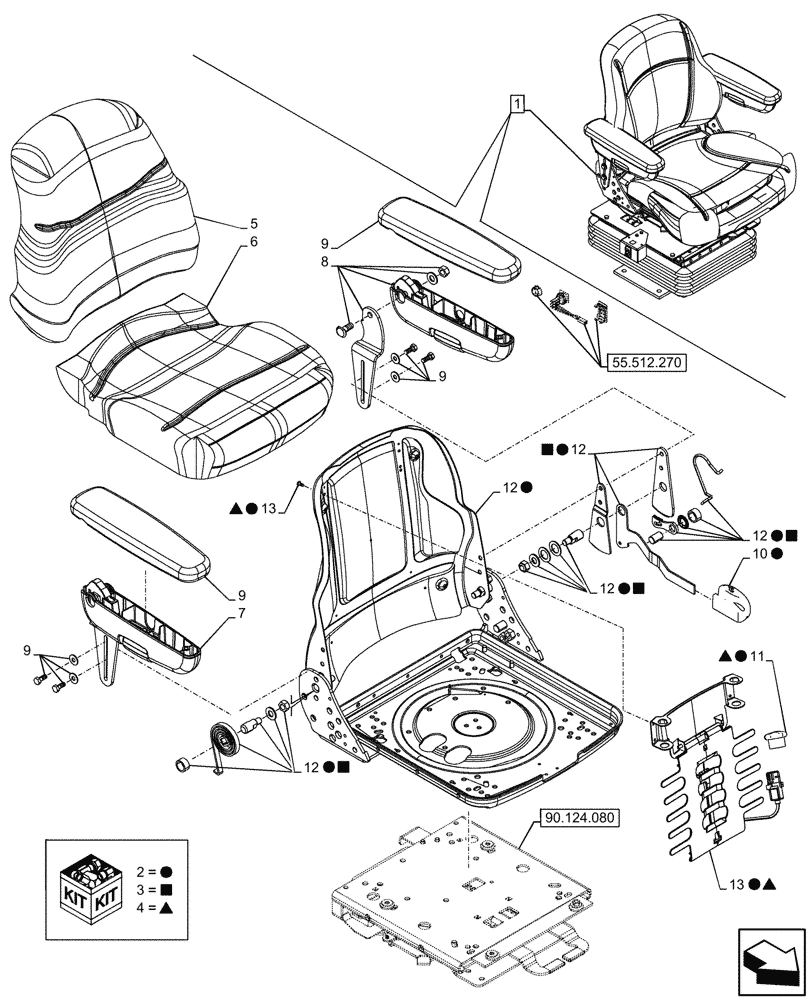 Схема запчастей Case 580SN WT - (90.124.070) - VAR - 745160 - SEAT AIR SUSPENSION, VINYL, CUSHION, ARMREST, COMPONENTS (90) - PLATFORM, CAB, BODYWORK AND DECALS
