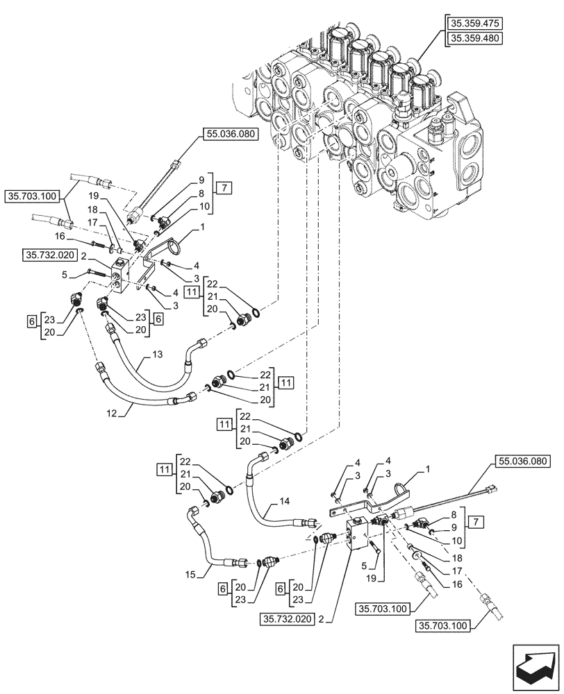 Схема запчастей Case 580N - (35.732.060) - STABILIZER, CONTROLS, PILOT CONTROLS, LINE (35) - HYDRAULIC SYSTEMS