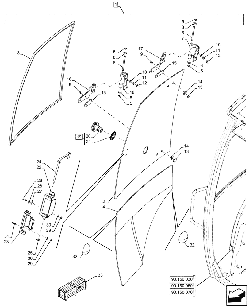 Схема запчастей Case 580SN WT - (90.156.140) - VAR - 747854, 747855 - CAB, 1 DOOR, RIGHT, LATERAL WINDOW (90) - PLATFORM, CAB, BODYWORK AND DECALS