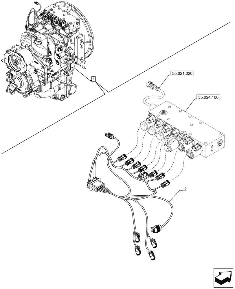 Схема запчастей Case 580N - (55.024.060) - VAR - 423061 - TRANSMISSION, SEMI-POWERSHIFT, COMPONENTS, CONTROL VALVE, WIRE HARNESS, 4WD (55) - ELECTRICAL SYSTEMS