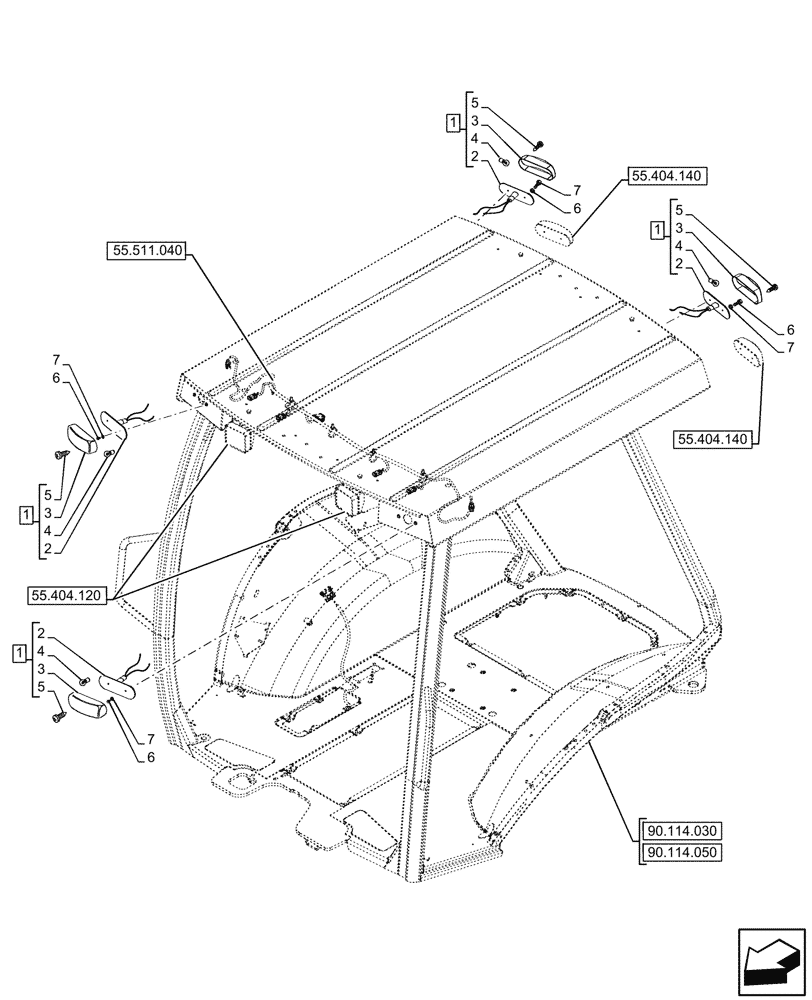 Схема запчастей Case 580N - (55.404.160) - VAR - 442082 - CANOPY, WORK LIGHT (55) - ELECTRICAL SYSTEMS