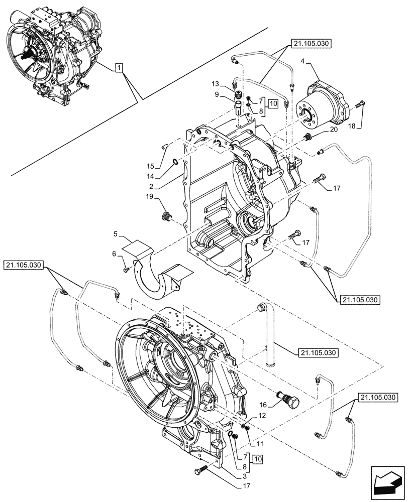 Схема запчастей Case 590SN - (21.113.040) - VAR - 423062 - TRANSMISSION, POWERSHIFT, COMPONENTS, HOUSING, 4WD (21) - TRANSMISSION