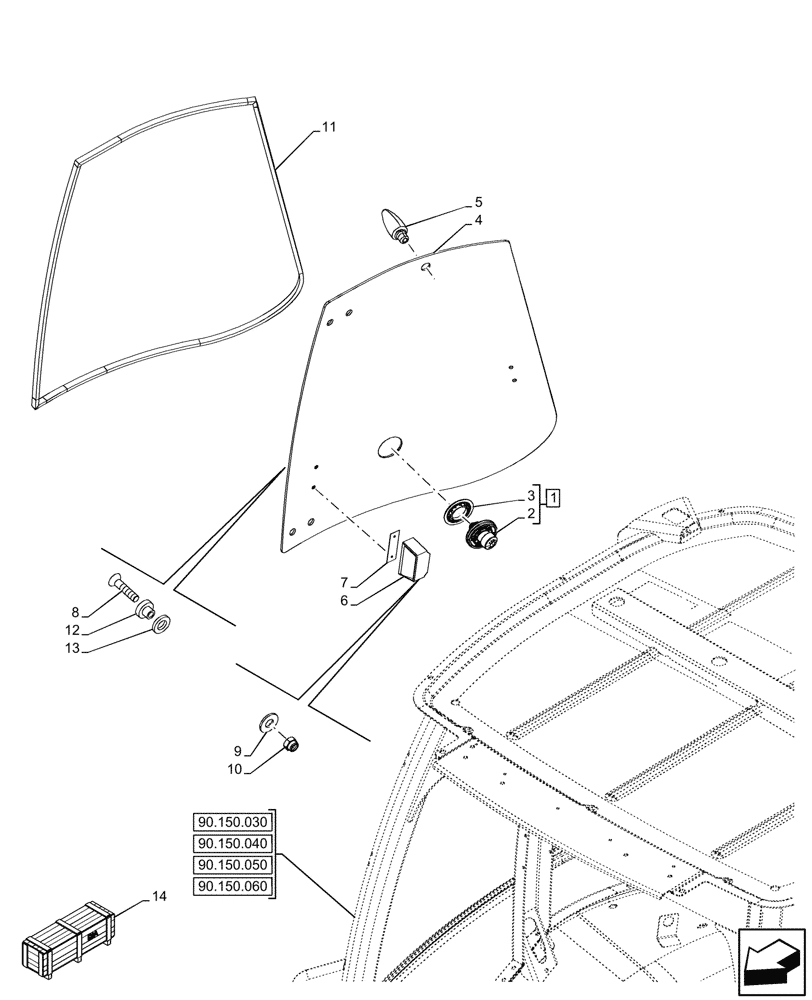 Схема запчастей Case 580SN WT - (90.156.090) - VAR - 747853, 747854, 747855 - CAB, RIGHT, LATERAL WINDOW, HANDLE, WEATHERSTRIP, GLASS (90) - PLATFORM, CAB, BODYWORK AND DECALS