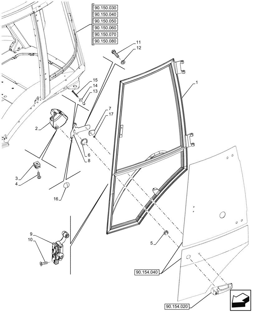 Схема запчастей Case 580SN WT - (90.154.010) - VAR - 747853, 747854, 747855 - CAB, LEFT, DOOR, LATCH, FRAME (90) - PLATFORM, CAB, BODYWORK AND DECALS