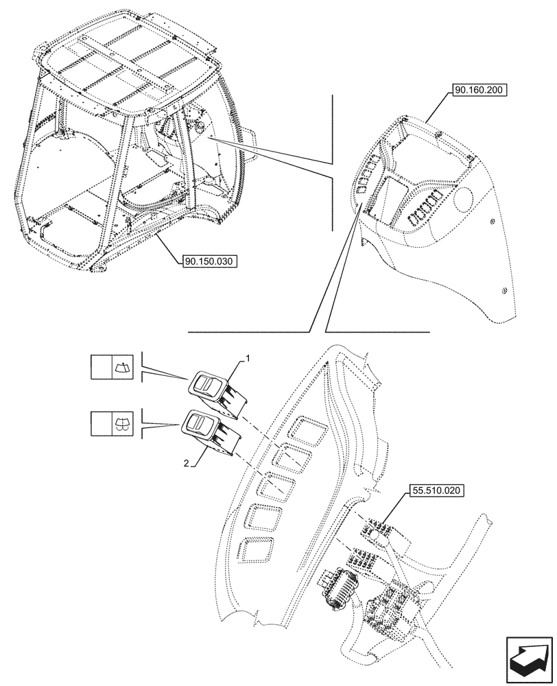 Схема запчастей Case 580N EP - (55.518.080) - VAR - 747853, 747854, 747855 - CAB, WINDSHIELD WIPER, WINDSHIELD WASHER , SWITCH (55) - ELECTRICAL SYSTEMS