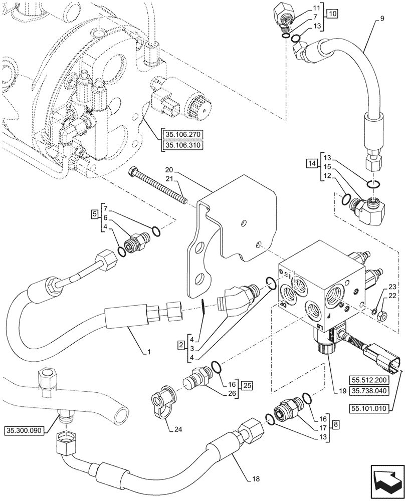 Схема запчастей Case 580SN WT - (35.738.030) - HYDRAULIC LIFT, W/ MECHANICAL LIFT, VALVE, LINES (35) - HYDRAULIC SYSTEMS