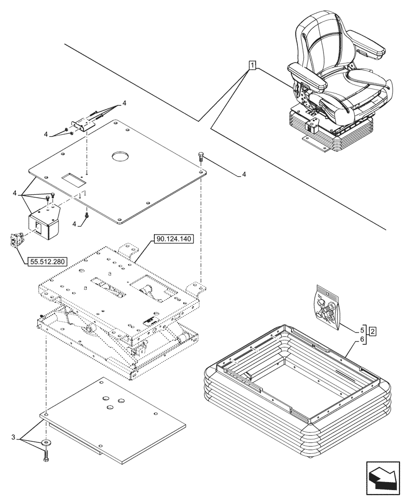 Схема запчастей Case 580SN WT - (90.124.150) - VAR - 745161 - SEAT AIR SUSPENSION, CLOTH, BELLOWS, PEDESTAL, COMPONENTS (90) - PLATFORM, CAB, BODYWORK AND DECALS