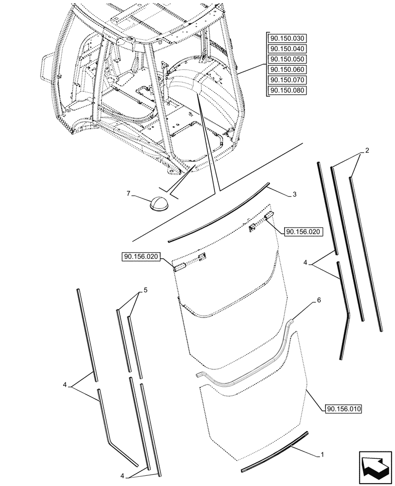 Схема запчастей Case 580SN WT - (90.156.050) - VAR - 747853, 747854, 747855 - CAB, REAR, WINDOW, WEATHERSTRIP (90) - PLATFORM, CAB, BODYWORK AND DECALS