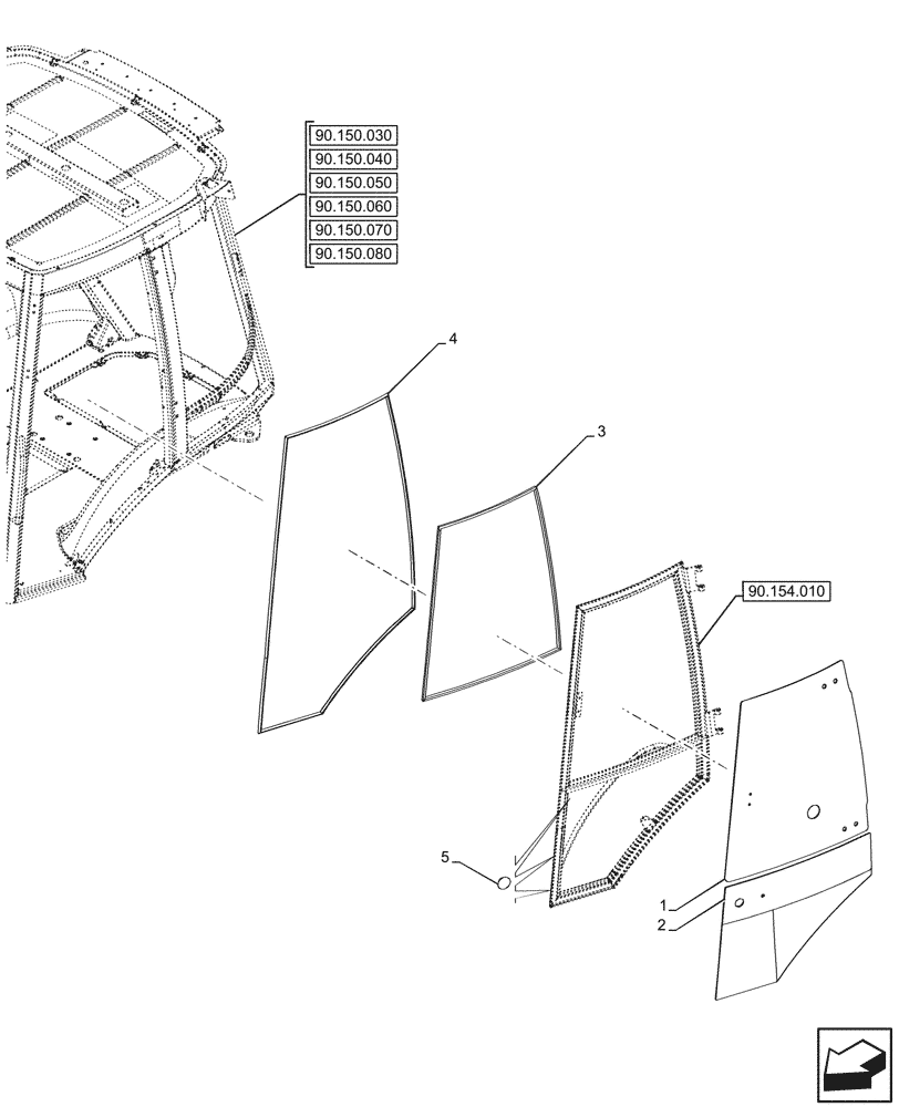 Схема запчастей Case 580SN WT - (90.154.040) - VAR - 747853, 747854, 747855 - CAB, LEFT, DOOR, WEATHERSTRIP, GLASS (90) - PLATFORM, CAB, BODYWORK AND DECALS