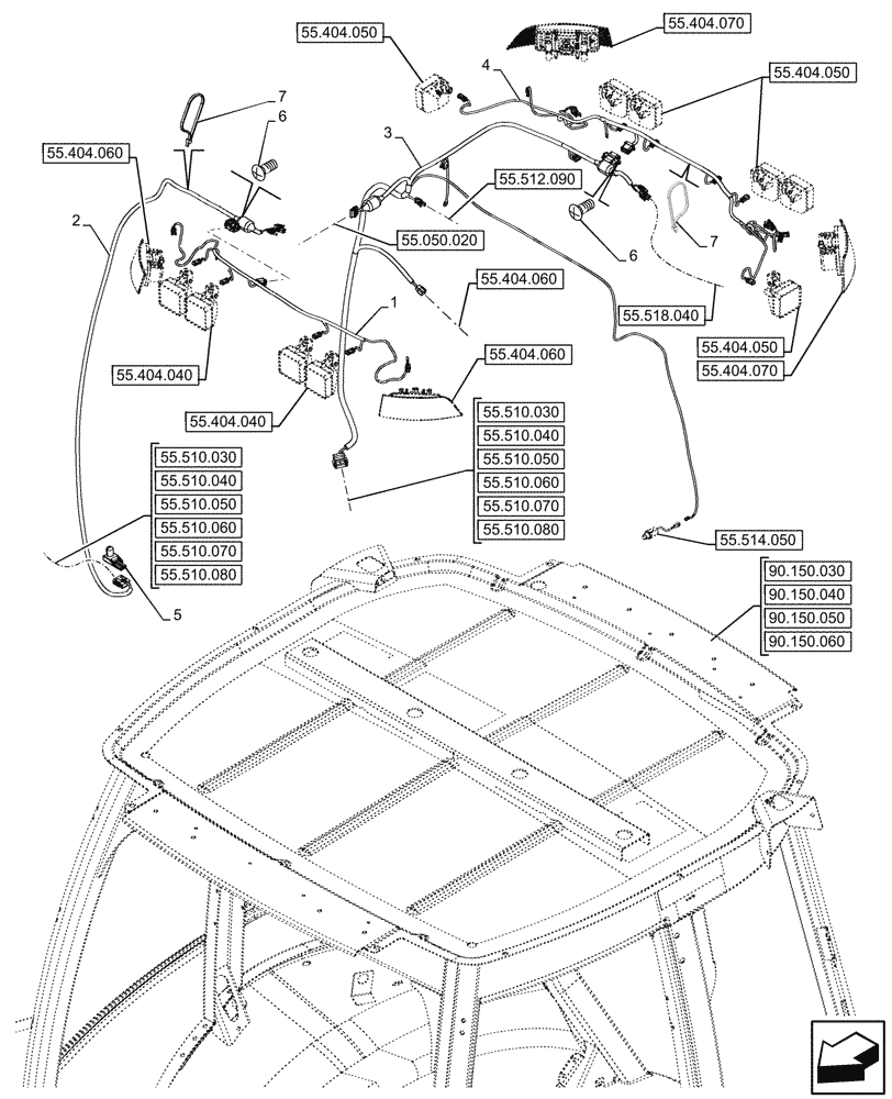 Схема запчастей Case 580N - (55.510.090) - VAR - 747853, 747854, 747855 - CAB, ROOF, WIRE HARNESS (55) - ELECTRICAL SYSTEMS