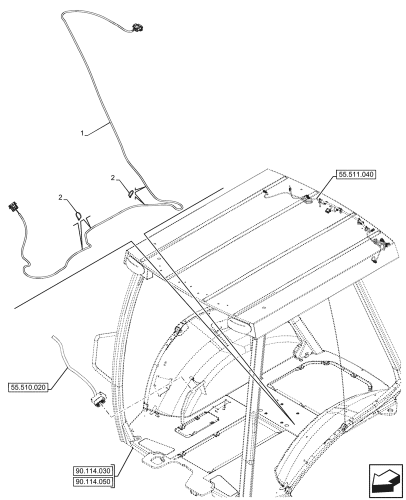 Схема запчастей Case 580N - (55.511.090) - VAR - 442082 - CANOPY, WORK LIGHT, C-POST, HARNESS (55) - ELECTRICAL SYSTEMS