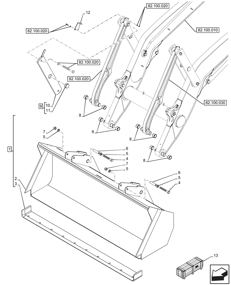 Схема запчастей Case 580N EP - (82.300.130) - VAR - 423079 - BUCKET, 82INCH/2083MM LONG LIP (82) - FRONT LOADER & BUCKET