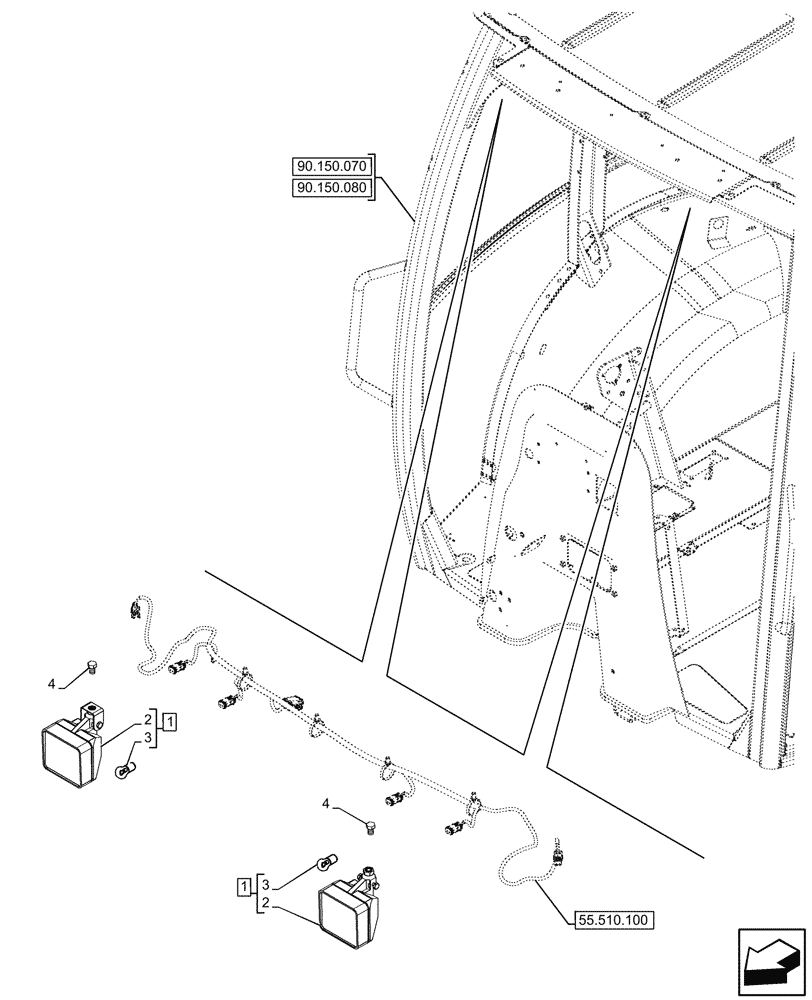 Схема запчастей Case 580N EP - (55.404.080) - VAR - 747853, 747854, 747855 - CAB, FRONT, WORK LIGHT (55) - ELECTRICAL SYSTEMS