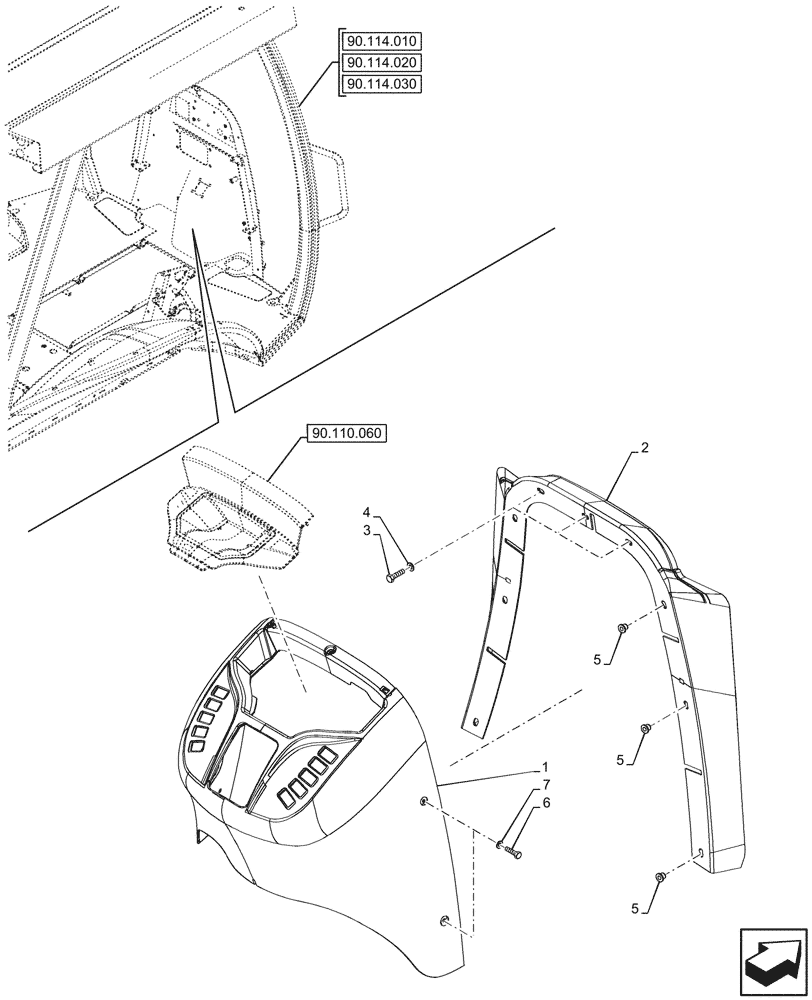 Схема запчастей Case 580SN WT - (90.110.030) - VAR - 442082 - CANOPY, MOLDING, FRONT, CONSOLE (90) - PLATFORM, CAB, BODYWORK AND DECALS