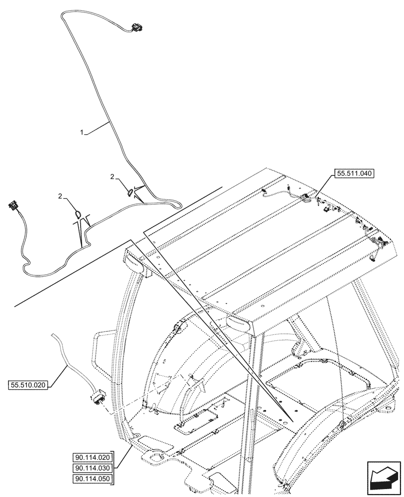 Схема запчастей Case 580N EP - (55.511.070) - VAR - 423000, 442082 - CANOPY, WORK LIGHT, C-POST, HARNESS (55) - ELECTRICAL SYSTEMS