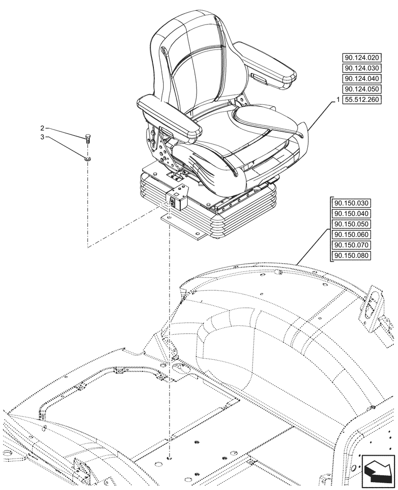 Схема запчастей Case 580SN WT - (90.124.010) - VAR - 747897 - CAB, SEAT AIR SUSPENSION, CLOTH (90) - PLATFORM, CAB, BODYWORK AND DECALS