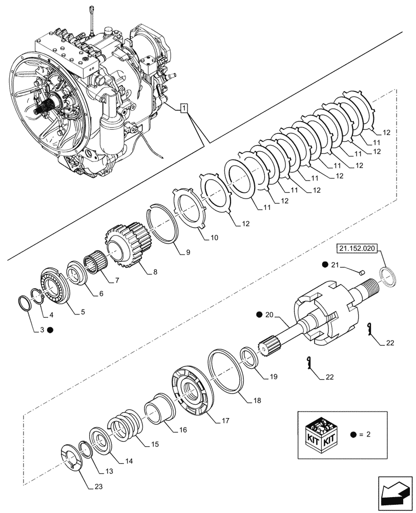 Схема запчастей Case 580N - (21.152.010) - VAR - 423060 - TRANSMISSION, SEMI-POWERSHIFT, COMPONENTS, PTO, INPUT SHAFT, 2WD (21) - TRANSMISSION