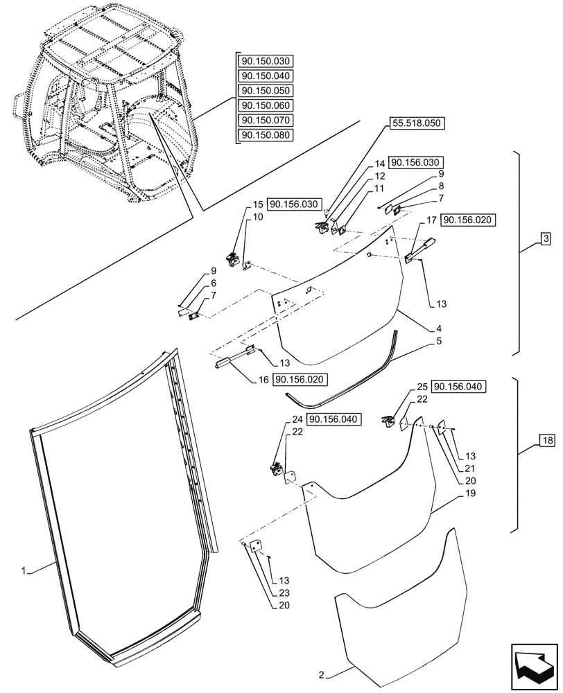 Схема запчастей Case 580SN WT - (90.156.010) - VAR - 747853, 747854, 747855 - CAB, REAR, WINDOW, FRAME, GLASS (90) - PLATFORM, CAB, BODYWORK AND DECALS