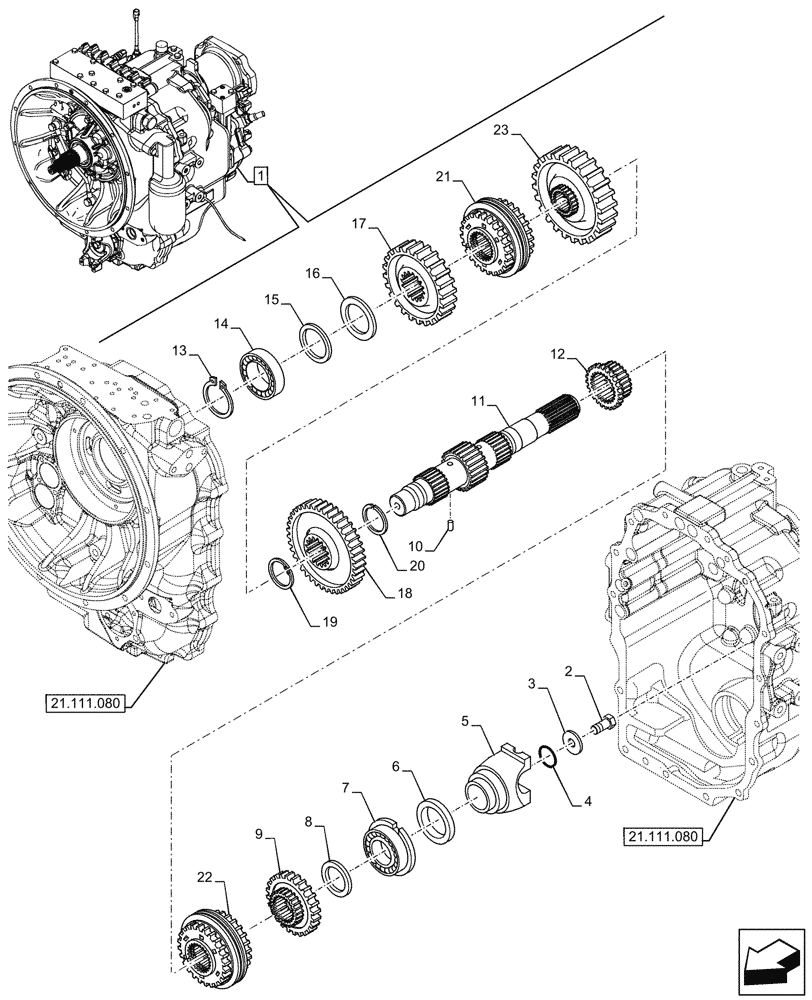 Схема запчастей Case 580N - (21.152.090) - VAR - 423061 - TRANSMISSION, SEMI-POWERSHIFT, COMPONENTS, DRIVE SHAFT, 4WD (21) - TRANSMISSION