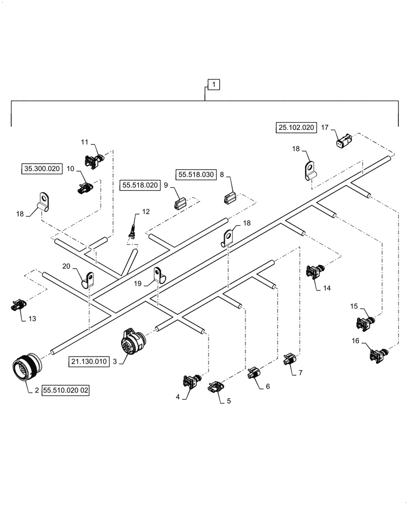 Схема запчастей Case 1121G - (55.024.020) - TRANSMISSION WIRING HARNESS ASSEMBLY (55) - ELECTRICAL SYSTEMS