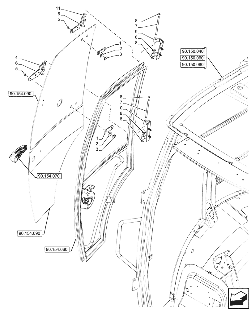 Схема запчастей Case 580SN WT - (90.154.080) - VAR - 747853 - CAB, RIGHT, DOOR, WEATHERSTRIP, GLASS (90) - PLATFORM, CAB, BODYWORK AND DECALS