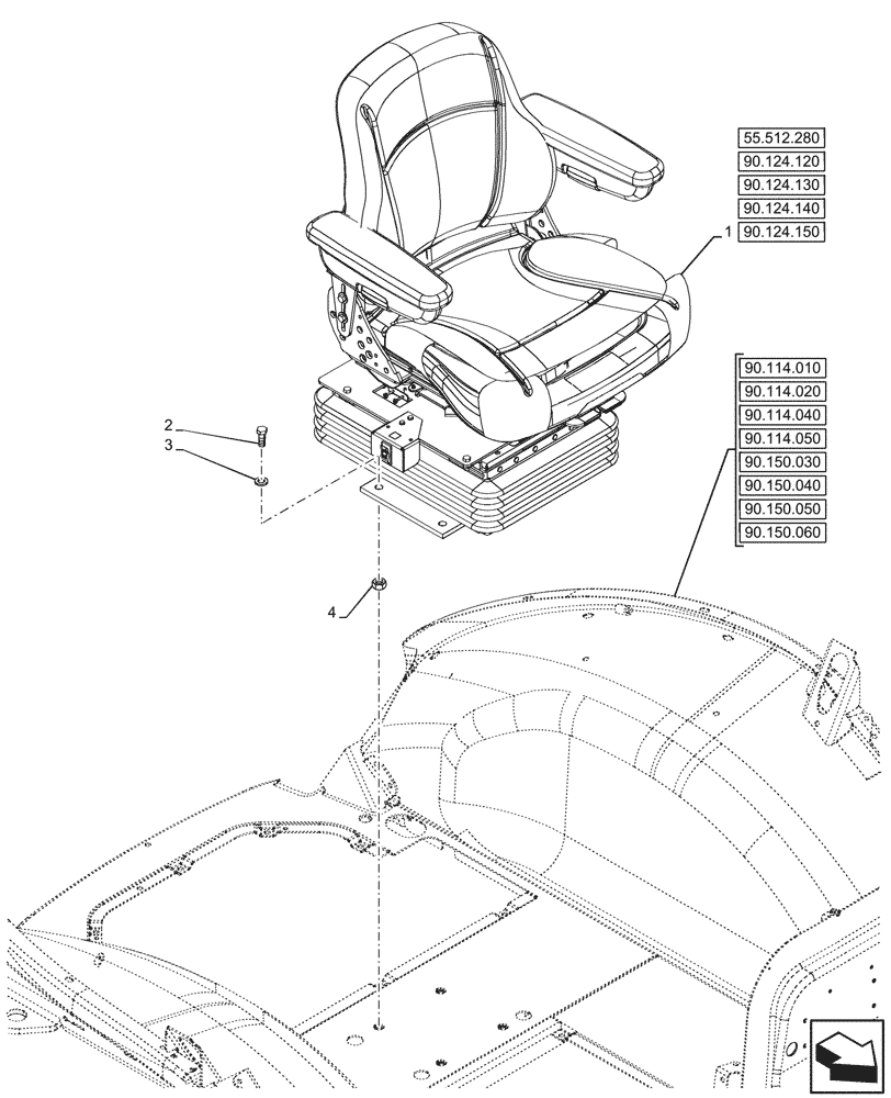 Схема запчастей Case 580SN WT - (90.124.110) - VAR - 745161 - SEAT AIR SUSPENSION, CLOTH (90) - PLATFORM, CAB, BODYWORK AND DECALS
