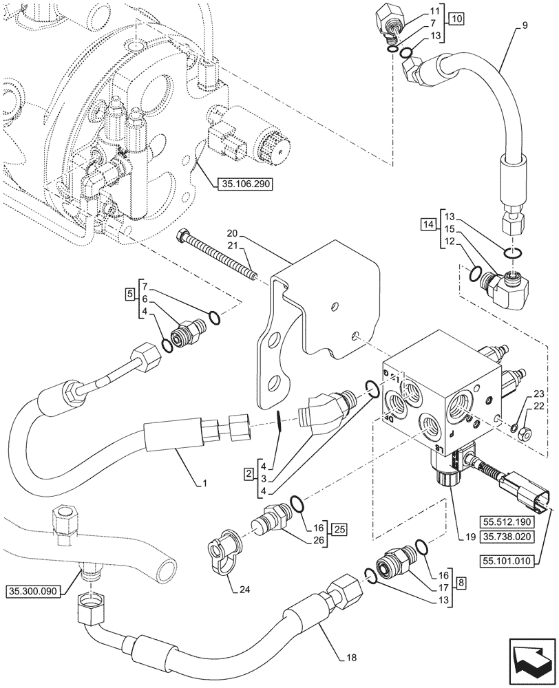 Схема запчастей Case 580SN - (35.738.010) - VAR - 423080 - HYDRAULIC LIFT, W/ MECHANICAL LIFT, VALVE, LINES (35) - HYDRAULIC SYSTEMS