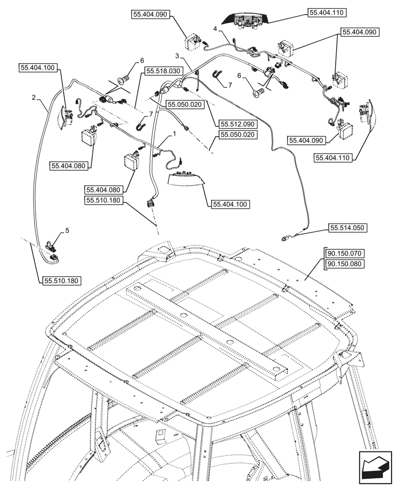 Схема запчастей Case 580N EP - (55.510.100) - VAR - 747853, 747854, 747855 - CAB, ROOF, WIRE HARNESS (55) - ELECTRICAL SYSTEMS