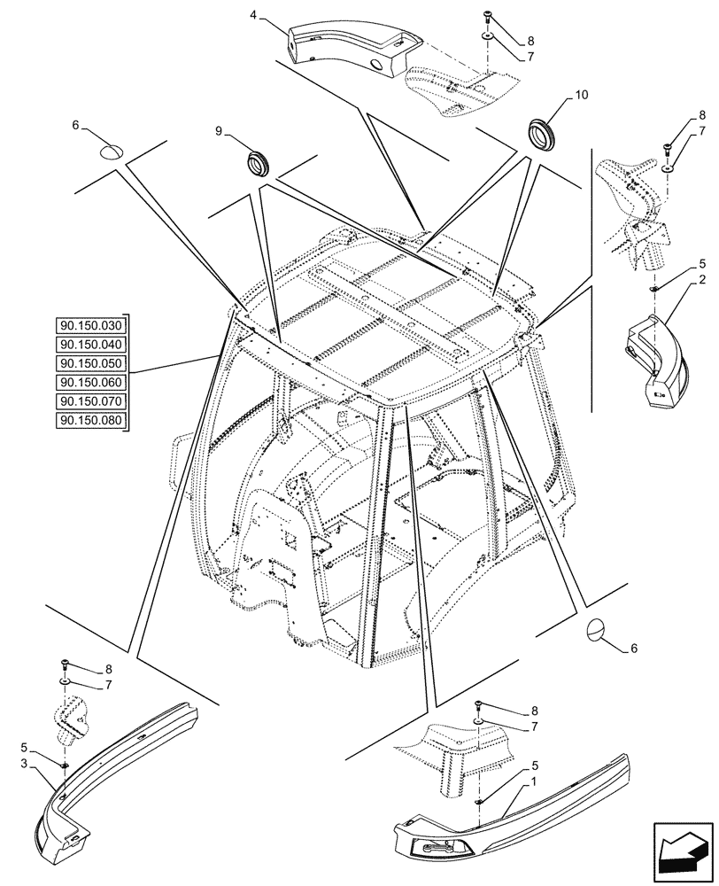 Схема запчастей Case 580SN WT - (90.150.090) - VAR - 747853, 747854, 747855 - CAB, ROOF (90) - PLATFORM, CAB, BODYWORK AND DECALS