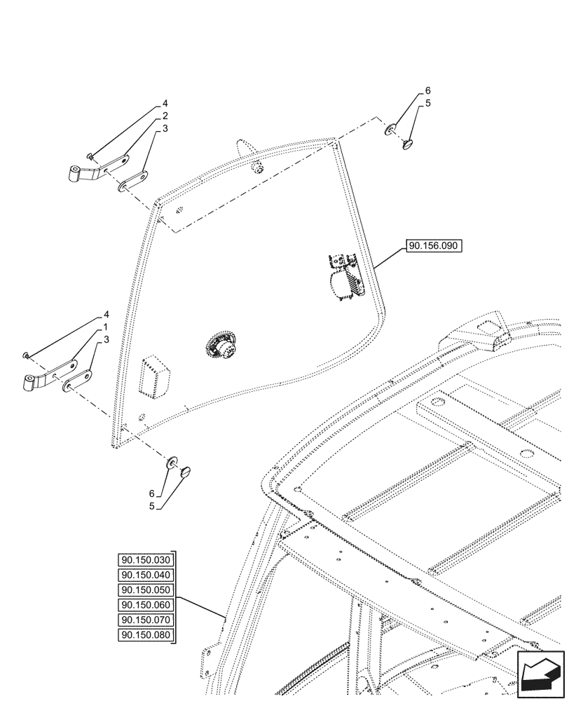 Схема запчастей Case 580SN WT - (90.156.100) - VAR - 747853, 747854, 747855 - CAB, RIGHT, LATERAL WINDOW, HINGE (90) - PLATFORM, CAB, BODYWORK AND DECALS