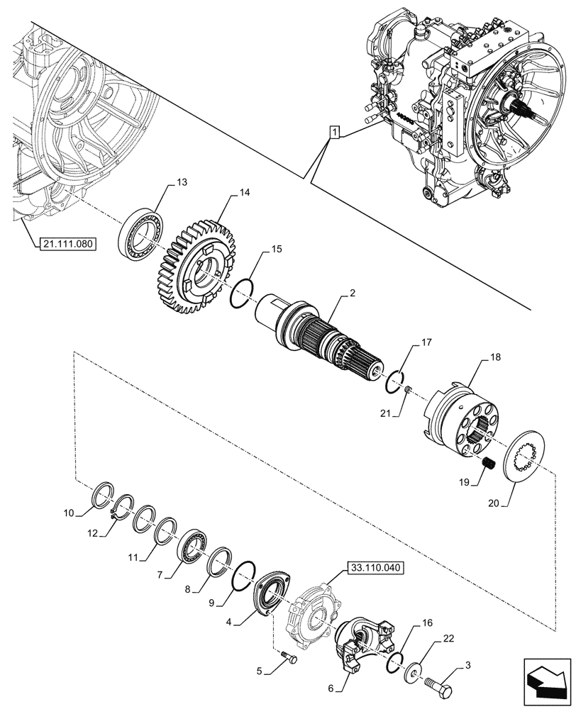 Схема запчастей Case 580SN - (21.152.110) - VAR - 423061 - TRANSMISSION, SEMI-POWERSHIFT, COMPONENTS, DRIVEN SHAFT, 4WD (21) - TRANSMISSION