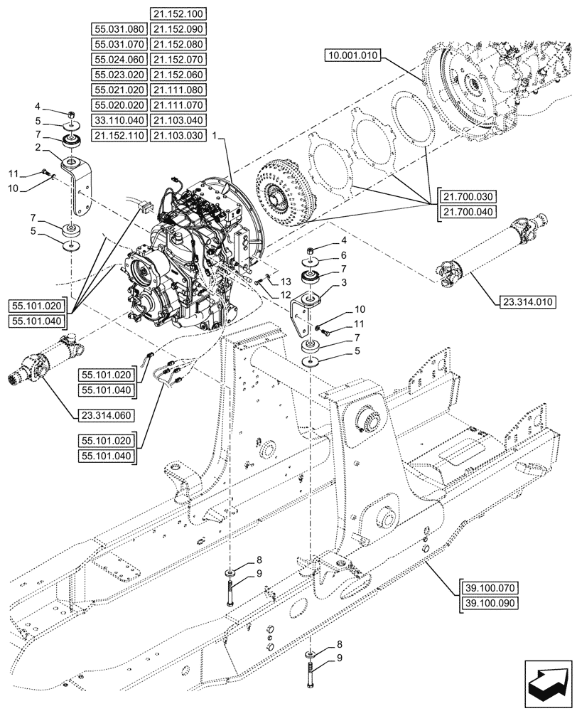 Схема запчастей Case 580N - (21.111.050) - VAR - 423061 - TRANSMISSION, SEMI-POWERSHIFT, 4WD (21) - TRANSMISSION