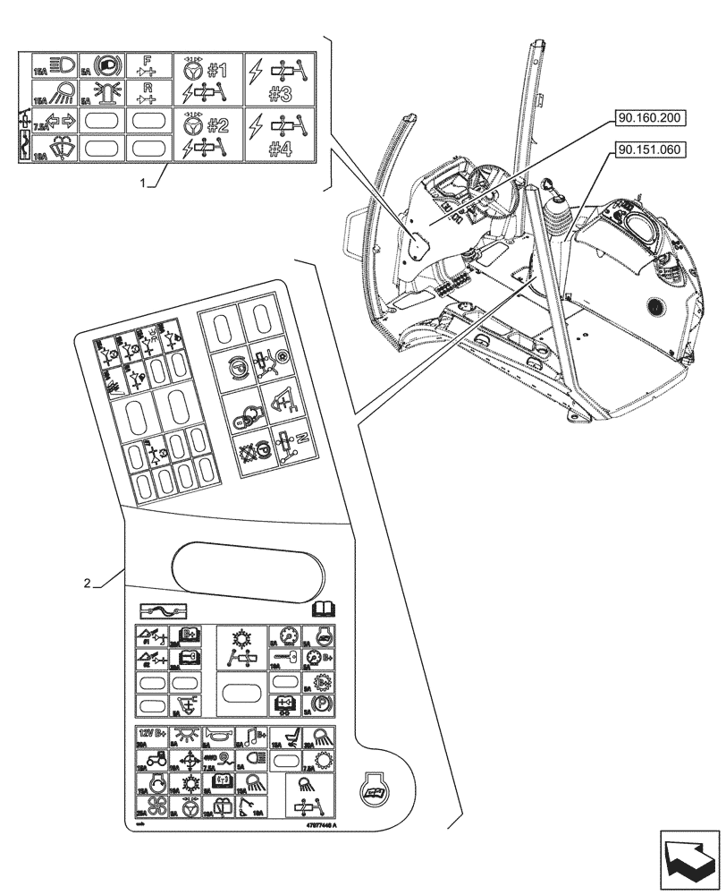 Схема запчастей Case 580SN WT - (90.108.195) - VAR - 423062 - DECAL, TRANSMISSION, POWERSHIFT, FUSE, RELAY, 4WD (90) - PLATFORM, CAB, BODYWORK AND DECALS