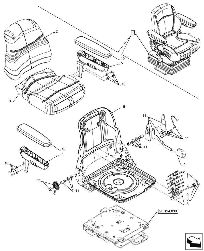 Схема запчастей Case 580SN WT - (90.124.020) - VAR - 747897 - CAB, SEAT AIR SUSPENSION, CLOTH, CUSHION, ARMREST, COMPONENTS (90) - PLATFORM, CAB, BODYWORK AND DECALS