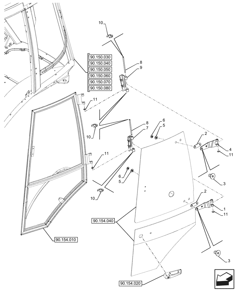 Схема запчастей Case 580SN WT - (90.154.030) - VAR - 747853, 747854, 747855 - CAB, LEFT, DOOR, HINGE (90) - PLATFORM, CAB, BODYWORK AND DECALS