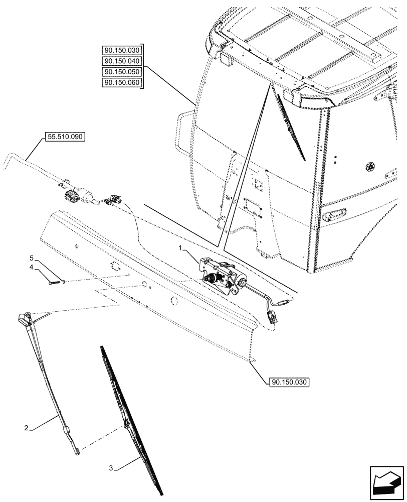 Схема запчастей Case 580N - (55.518.030) - VAR - 747853, 747854, 747855 - CAB, WINDSHIELD WIPER, MOTOR, ARM, BLADE (55) - ELECTRICAL SYSTEMS