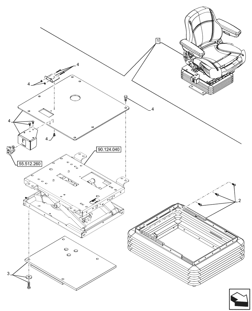 Схема запчастей Case 580SN WT - (90.124.050) - VAR - 747897 - SEAT AIR SUSPENSION, CLOTH, BELLOWS, PEDESTAL, COMPONENTS (90) - PLATFORM, CAB, BODYWORK AND DECALS