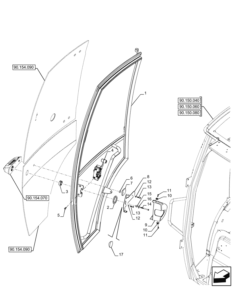 Схема запчастей Case 580SN WT - (90.154.060) - VAR - 747853 - CAB, RIGHT, DOOR, LATCH, FRAME (90) - PLATFORM, CAB, BODYWORK AND DECALS