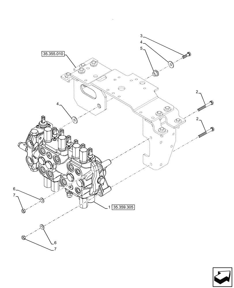 Схема запчастей Case 580N - (35.359.300) - 7-SPOOL, BACKHOE CONTROL VALVE, EXTENDABLE DIPPER, HAND SWING, BRAZIL, W/ 2 LEVER CONTROLS, MOUNTING PARTS (35) - HYDRAULIC SYSTEMS