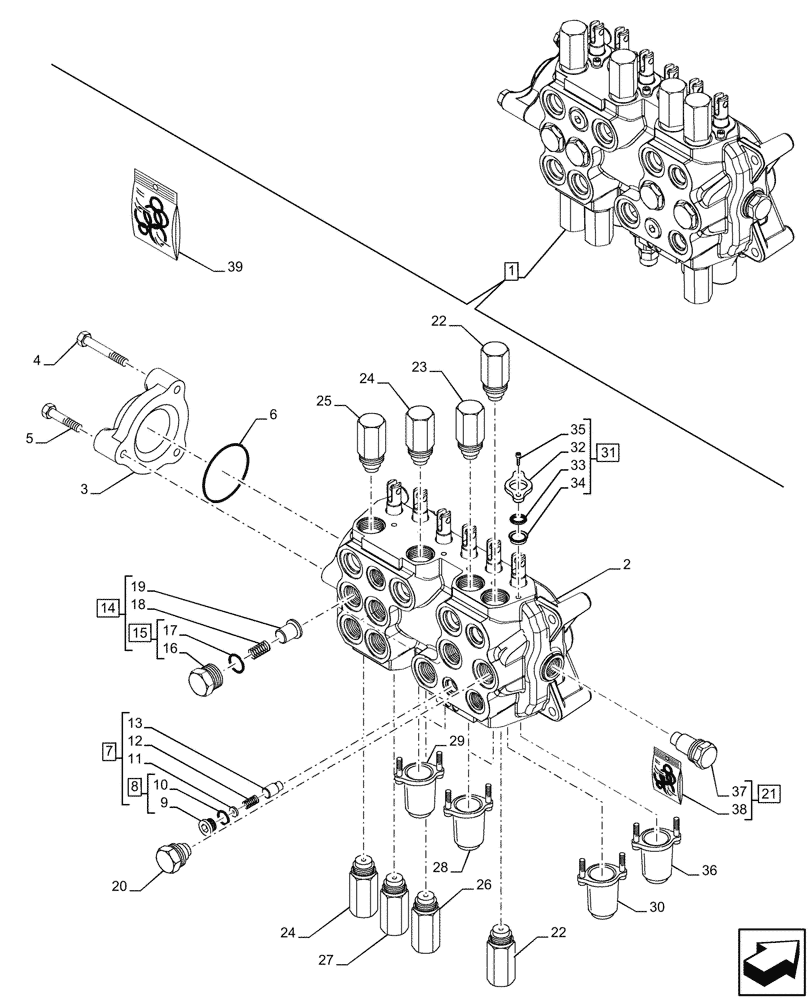 Схема запчастей Case 580N - (35.359.285) - 6-SPOOL, BACKHOE CONTROL VALVE, STANDARD DIPPER, FOOT SWING, BRAZIL, W/O 2 LEVER CONTROLS, COMPONENTS (35) - HYDRAULIC SYSTEMS