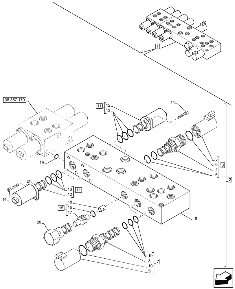 Схема запчастей Case 580N - (35.357.160) - 8-SPOOL, PRESSURE CONTROL VALVE, EXTANDABLE DIPPER, W/ PILOT CONTROLS, W/ DOUBLE AUXILIARY HYDRAULIC, COMPONENTS (35) - HYDRAULIC SYSTEMS