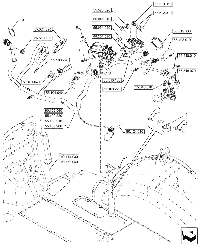 Схема запчастей Case 580N - (55.510.110) - SEMI-POWERSHIFT, TRANSMISSION, SIDE CONSOLE, HARNESS, W/ OPTION (55) - ELECTRICAL SYSTEMS