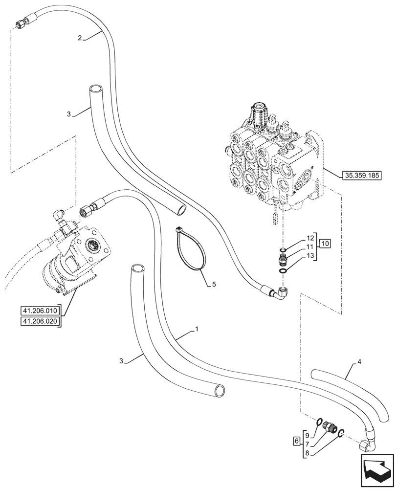Схема запчастей Case 580SN WT - (41.200.100) - LOADER, CONTROL VALVE, PILOT CONTROLS, 3-SPOOL, STEERING VALVE, LINE (41) - STEERING