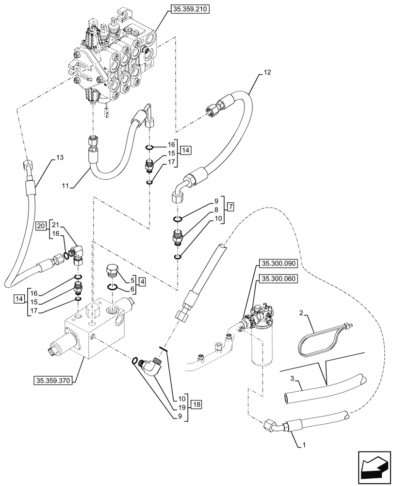 Схема запчастей Case 580SN - (35.359.405) - VAR - 747776, 747864 - LOADER, AUXILIARY CONTROL VALVE, OIL FILTER, LINE (35) - HYDRAULIC SYSTEMS